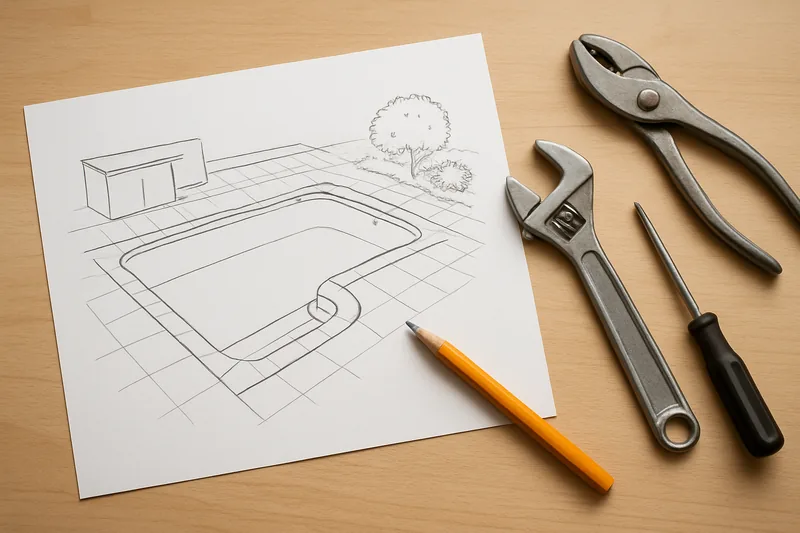 A plan sheet with unreadable lines and a pencil on a desk — approval and repairs for an existing pool, Cairns. Illustrative example.