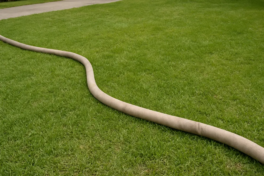 A flat backwash hose laid across a lawn away from any drain — pool draining and backwash, Cairns. Illustrative example.