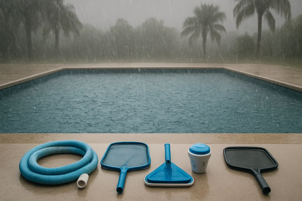 Heavy rain falling on the surface of a pool under a grey sky — pool draining and backwash, Cairns. Illustrative example.