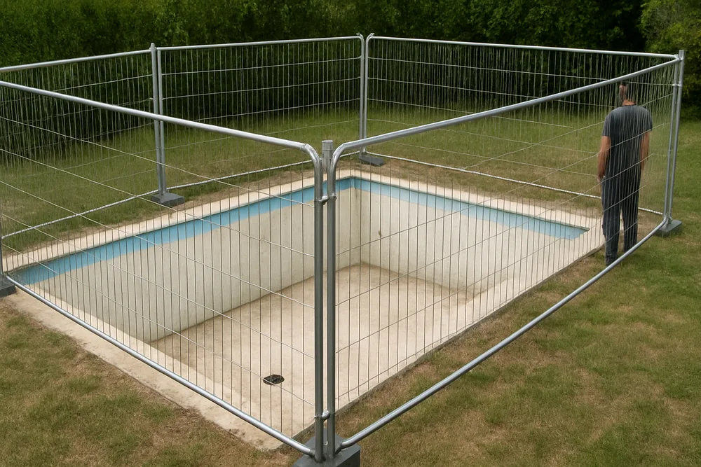 Temporary fence panels standing around a drained pool during work — pool fence and safety certificate, Cairns. Illustrative example.
