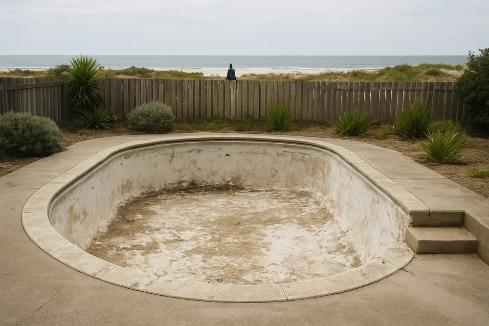 A drained backyard pool shell with a worn surface and low coastal planting beyond the fence — pool resurfacing, Cairns. Illustrative example.