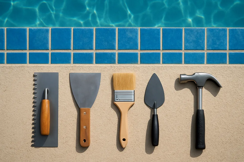 A close view of pool waterline tiles and the join with the surface below — pool resurfacing licences and home warranty, Cairns. Illustrative example.