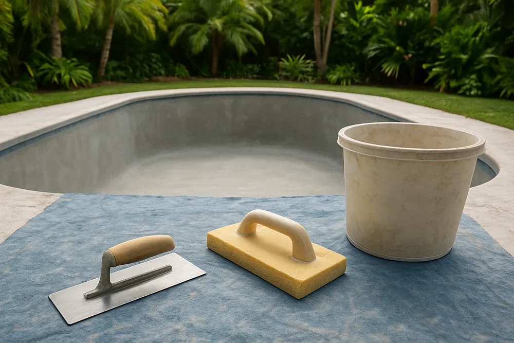 A steel trowel, a sponge float and a mixing bucket on a tarp beside a pool shell — pool resurfacing licences and home warranty, Cairns. Illustrative example.