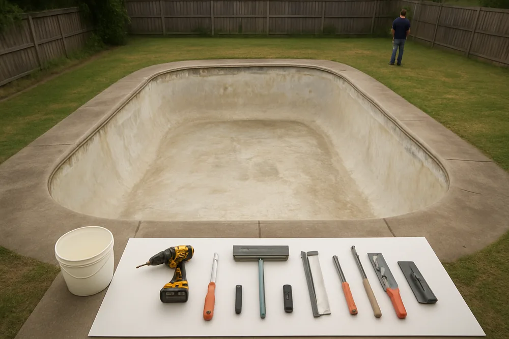 A drained pool shell in a flat garden with a shallow grassed channel along the back fence — pool resurfacing, Cairns. Illustrative example.