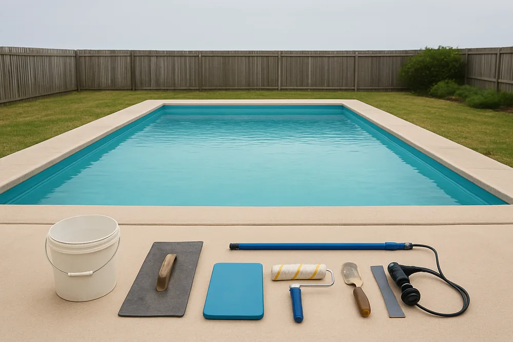 A backyard pool on flat level ground with the water close to the coping — pool resurfacing, Cairns. Illustrative example.