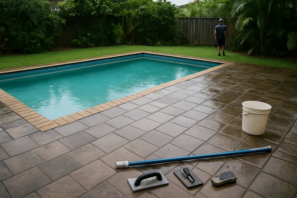 A backyard pool beside a paved terrace after rain with wet paving and a few puddles — pool resurfacing, Cairns. Illustrative example.